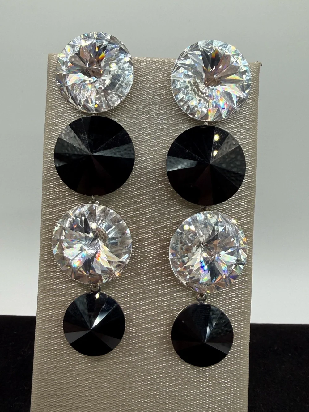 Vintage Black Clear Rivoli Crystal Statement Dangle Earrings 2.75”